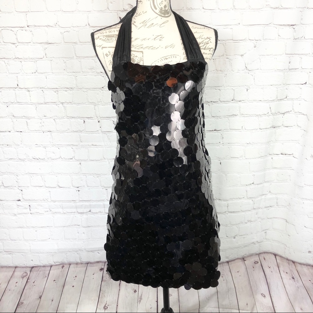 ALICE + OLIVIA Black Sequin Halter Mini Dress